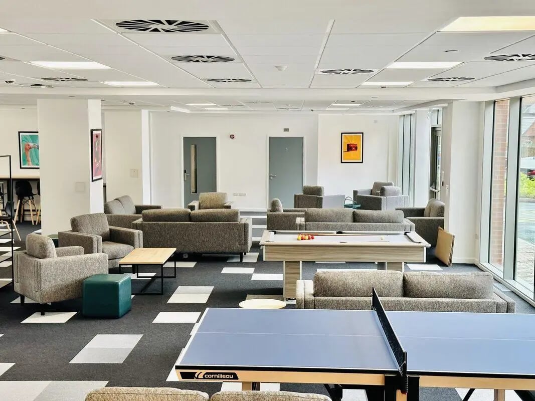 Sofas ping pong table pool table living room at Albany Student Village in Coventry Student Accommodation