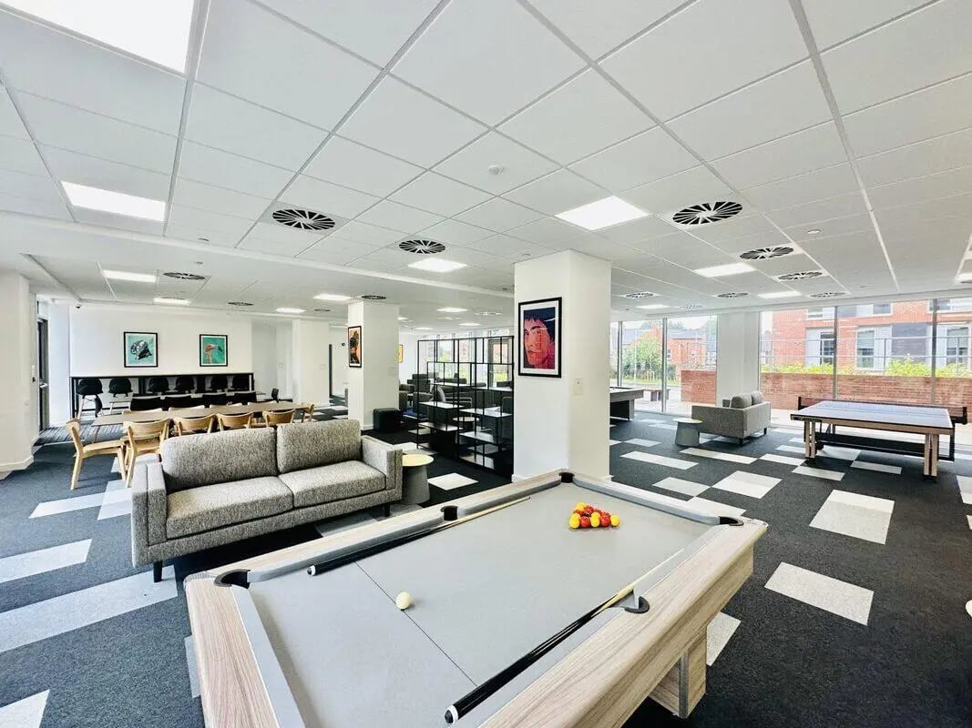Pool table sofas and tables common area at Albany Student Village in Coventry Student Accommodation