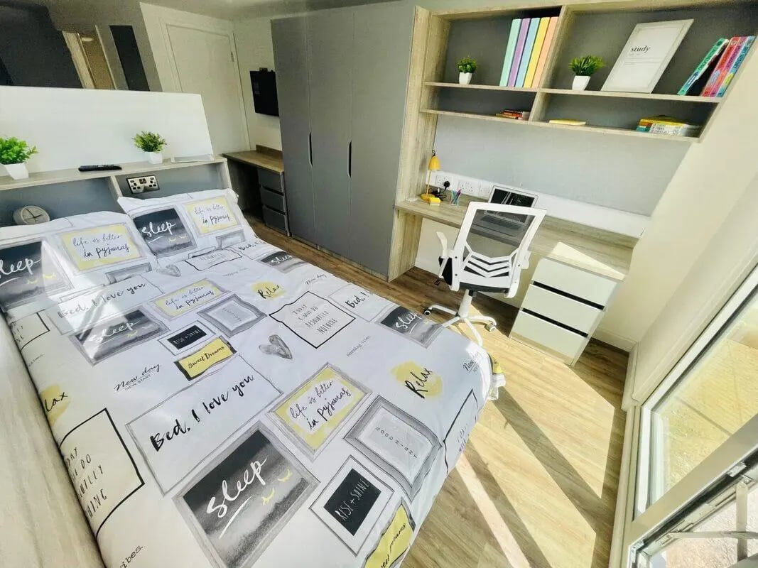 Bed, wardrobe, desk, shelves, chair Bedroom at Albany Student Village in Coventry Student Accommodation
