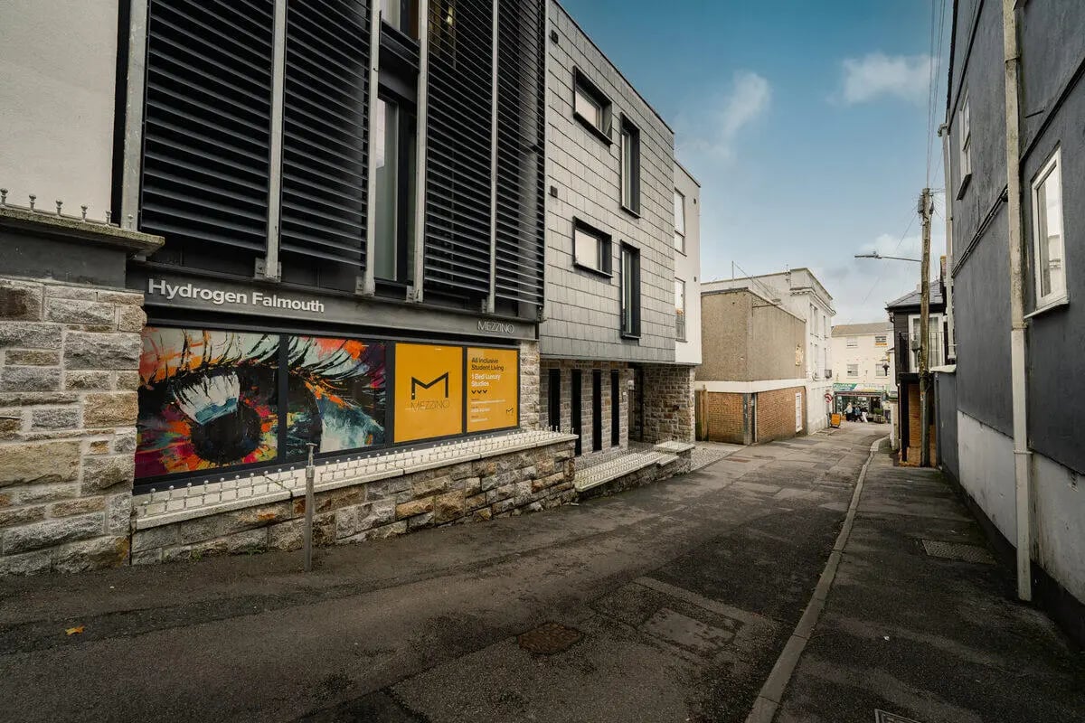 Modern student accommodation building exterior with signage exterior at Hydrogen Falmouth in Falmouth Student Accommodation