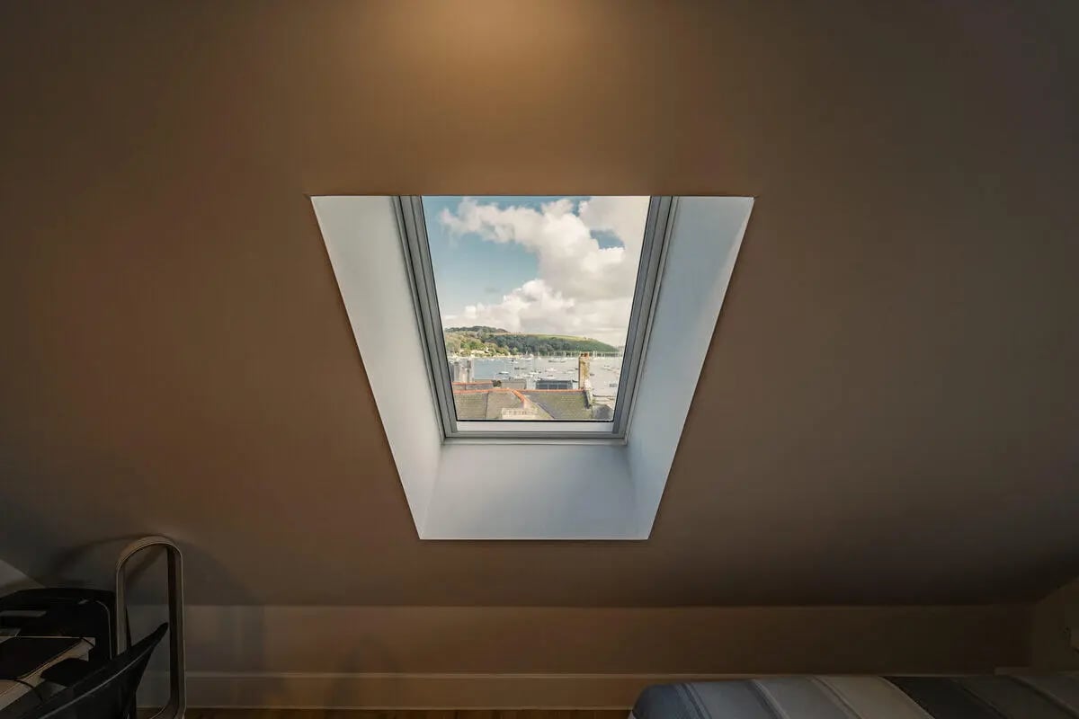 Skylight view of boats and coastline bedroom at Hydrogen Falmouth in Falmouth Student Accommodation