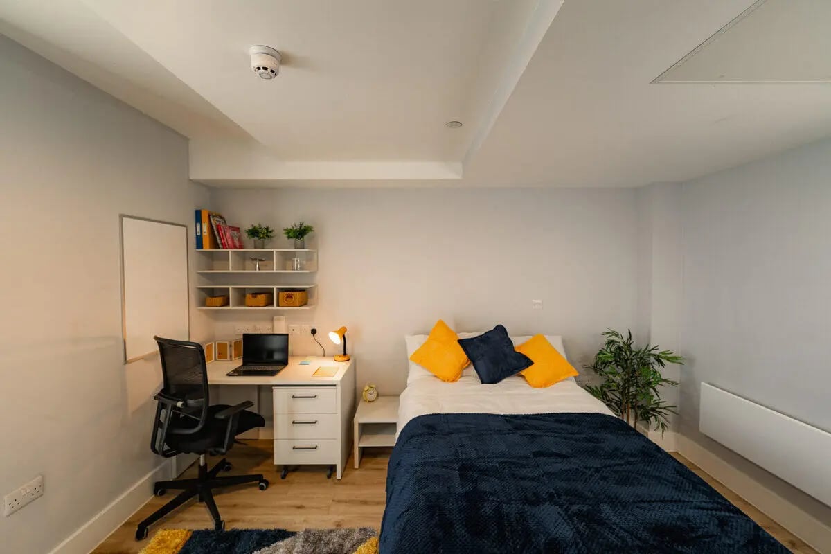Bed desk chair shelves and pillows Bedroom at Hydrogen Falmouth in Falmouth Student Accommodation