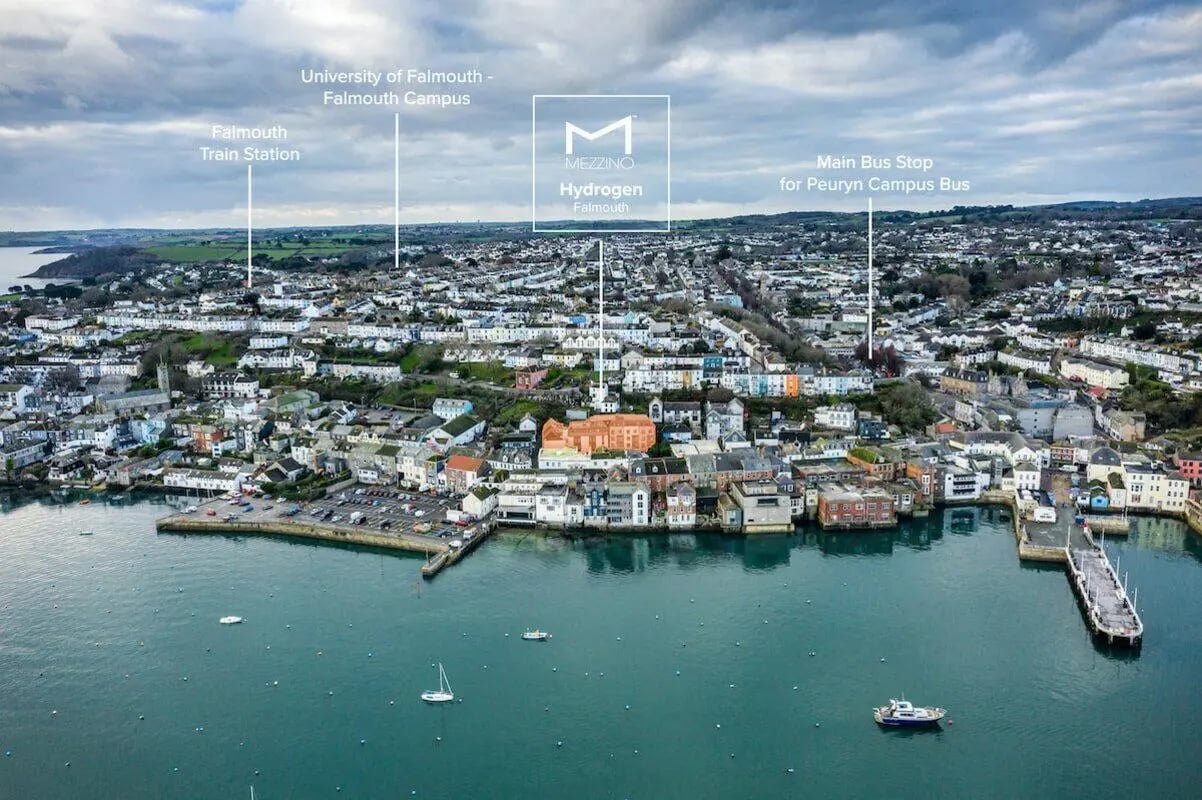 Aerial view of Mezzino Hydrogen Falmouth exterior at Hydrogen Falmouth in Falmouth Student Accommodation