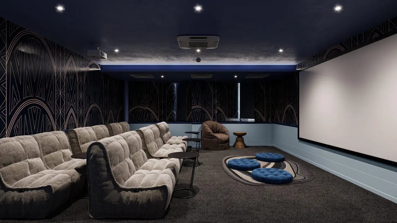 Comfortable sofas beanbag rug blue cushions cinema at B16 Studios in Birmingham Student Accommodation