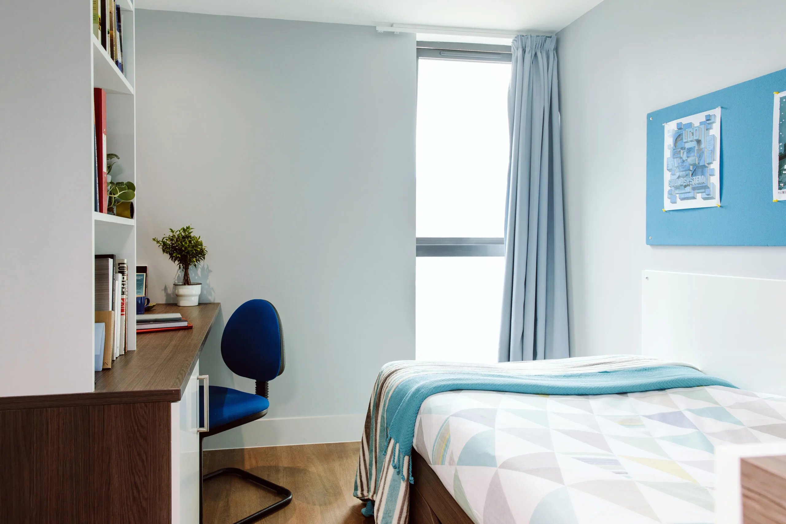 Bed desk bookshelf and blue chair bedroom at Kaplan Living Bournemouth in Bournemouth Student Accommodation
