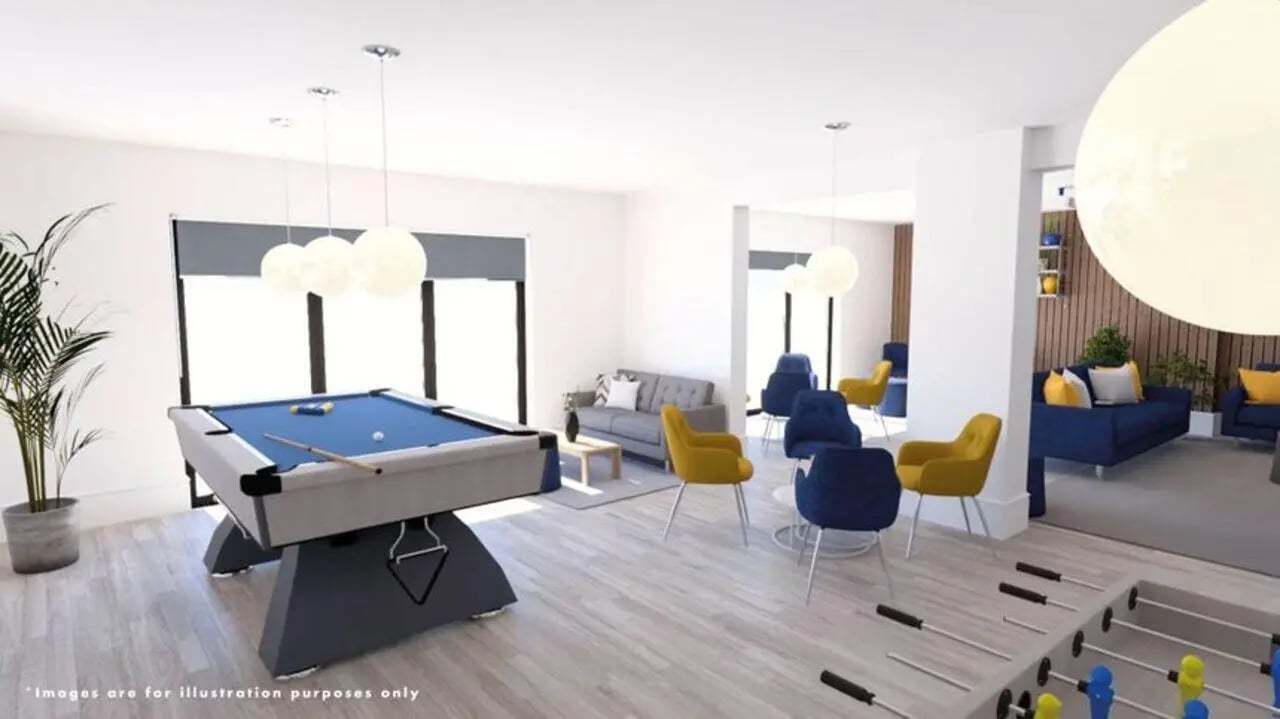Pool table foosball table seating living room at Singer Hall in Coventry Student Accommodation