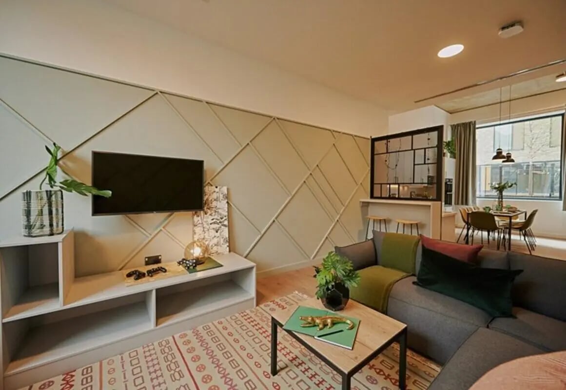 Living room with television, sofa, and coffee table Living room at The Loom in Dublin Student Accommodation
