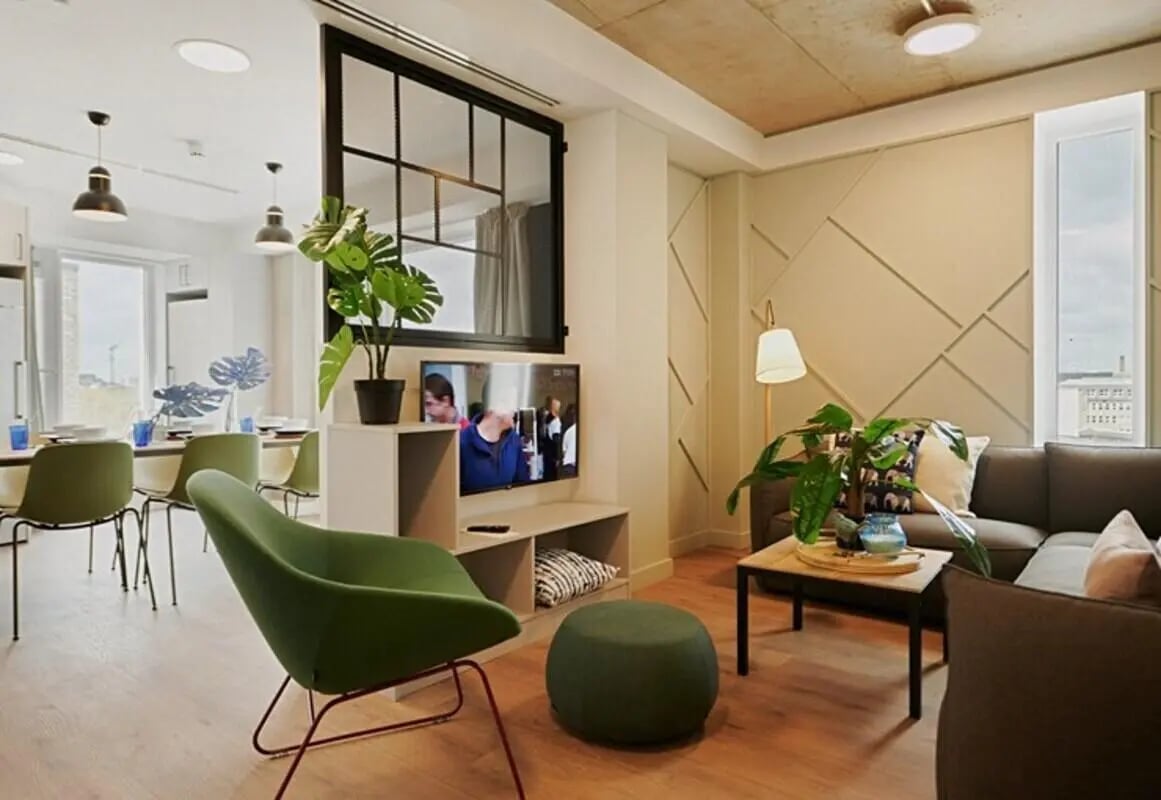 Sofa TV plants and dining table living room at The Loom in Dublin Student Accommodation