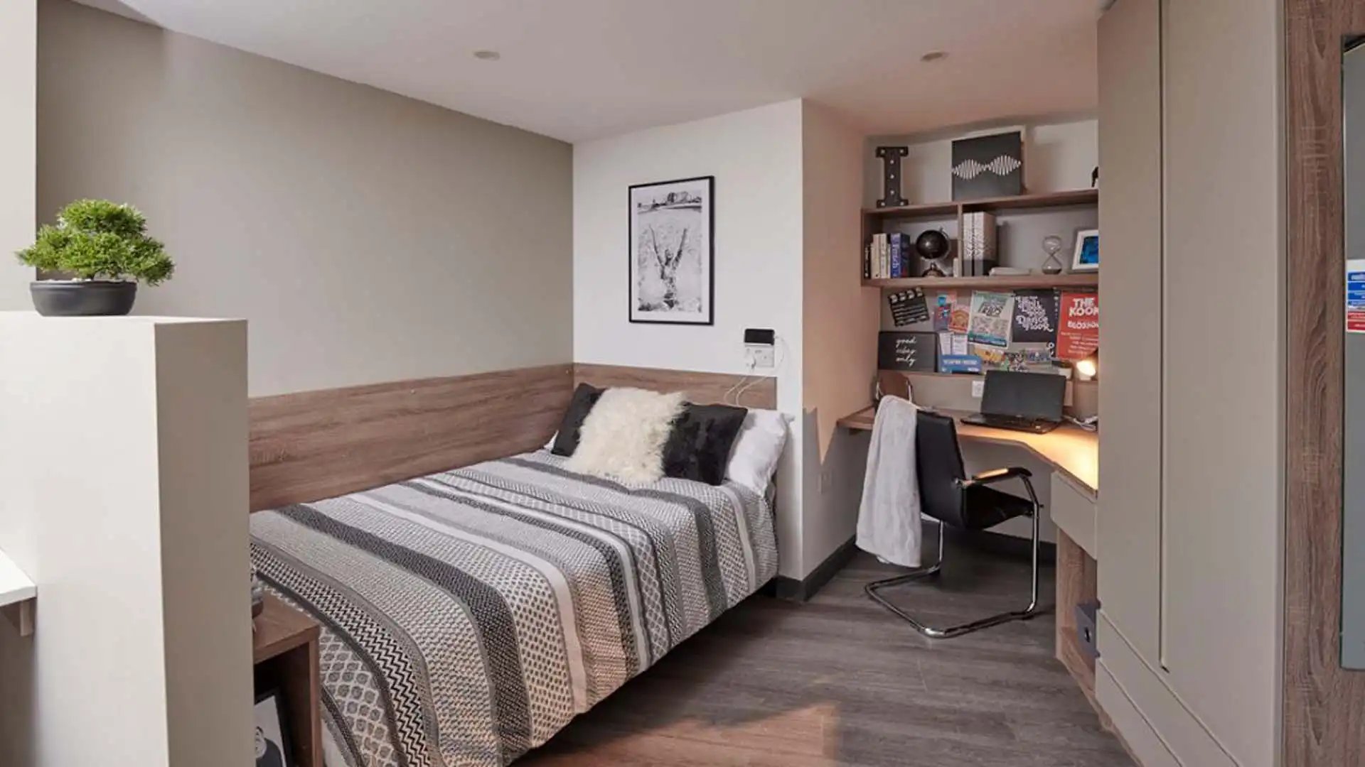 Bed desk and shelving student accommodation bedroom at Trinity View Coventry in Coventry Student Accommodation
