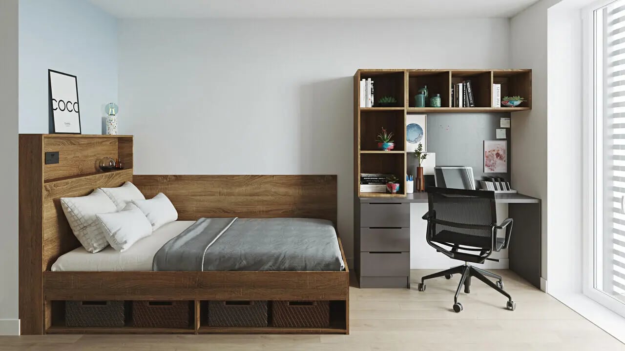 Bed desk and shelf unit bedroom at Broga House in Cork Student Accommodation