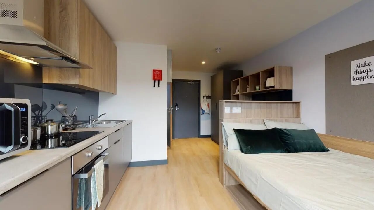 Kitchen bed and storage student studio at Curraheen Point in Cork Student Accommodation
