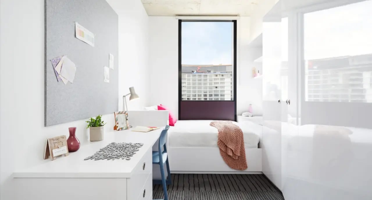 Desk bed wardrobe with pinboard Bedroom study area at Scape South Bank in Brisbane Student Accommodation