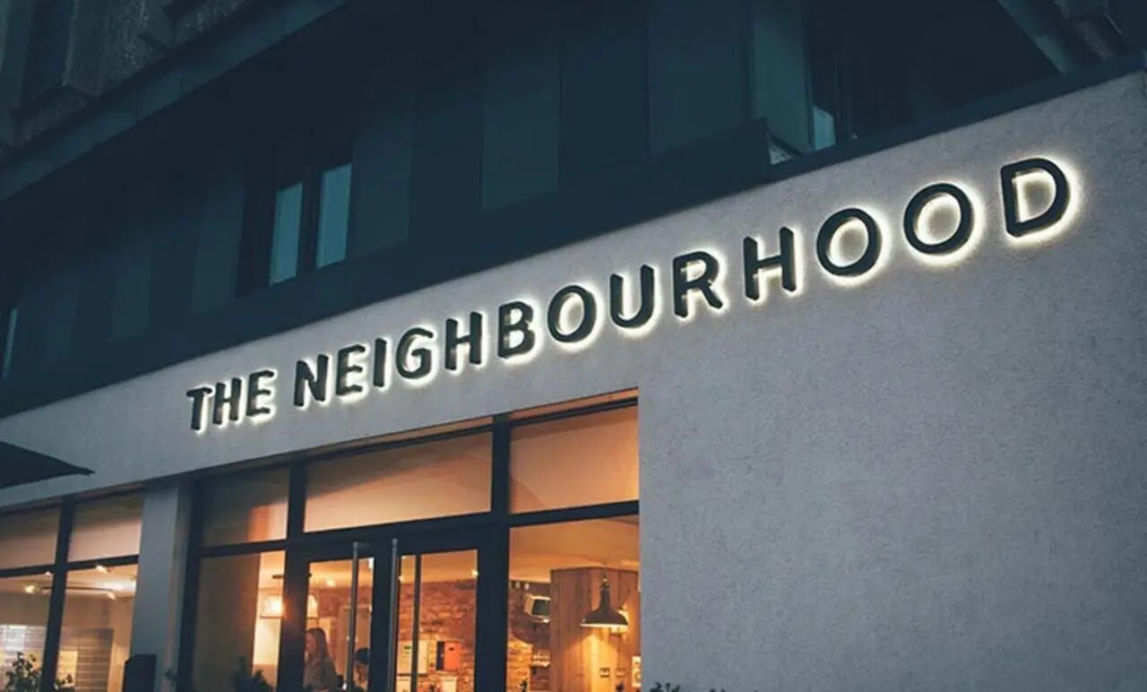 The Neighbourhood sign exterior at Canvas The Parade in Cardiff Student Accommodation