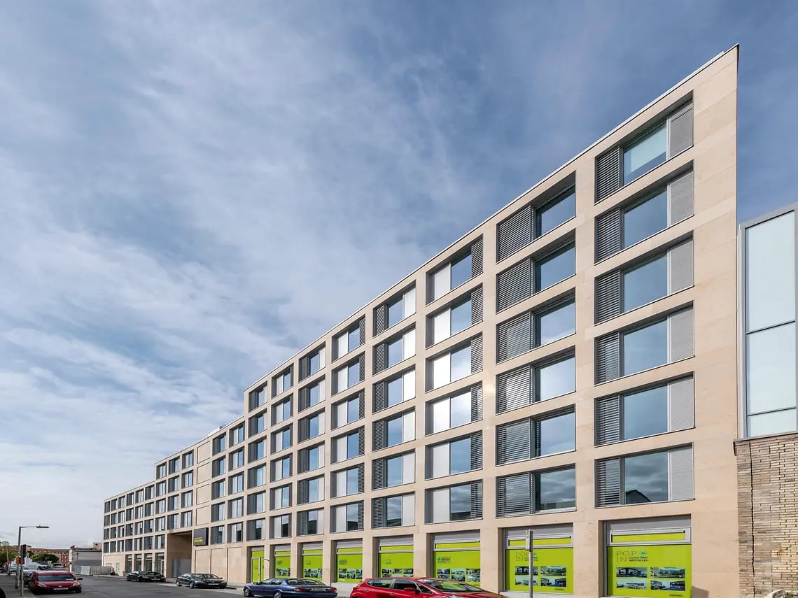 Modern building with many windows exterior at The Tannery in Dublin Student Accommodation