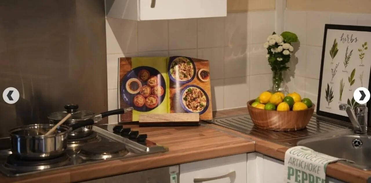 Cookbook lemons flowers framed art kitchen at Dinwiddy House in London Student Accommodation