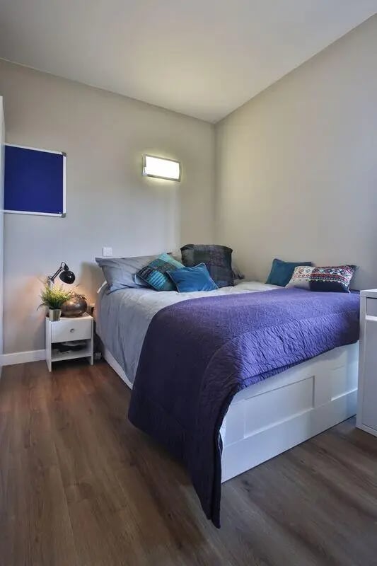 Bed with purple throw pillows and lamp bedroom at Library Lofts in Exeter Student Accommodation