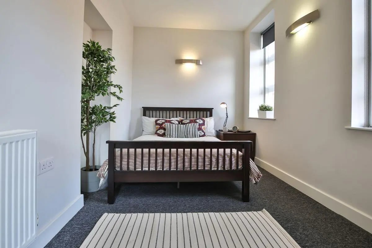 Dark wood bed with striped bedding bedside table and plant bedroom at Dean Clarke Lofts in Exeter Student Accommodation