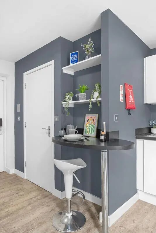 Breakfast bar with stool plants and a painting kitchen area at Alwyn Court in Cardiff Student Accommodation