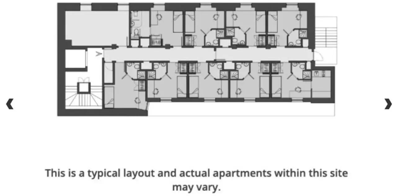 Floor plan showing multiple studio apartments and communal areas floor plan at The Craft Building in London Student Accommodation