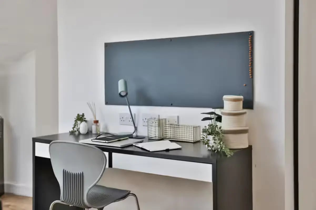 Desk with chair lamp and board Study area at The Octagon in Liverpool Student Accommodation