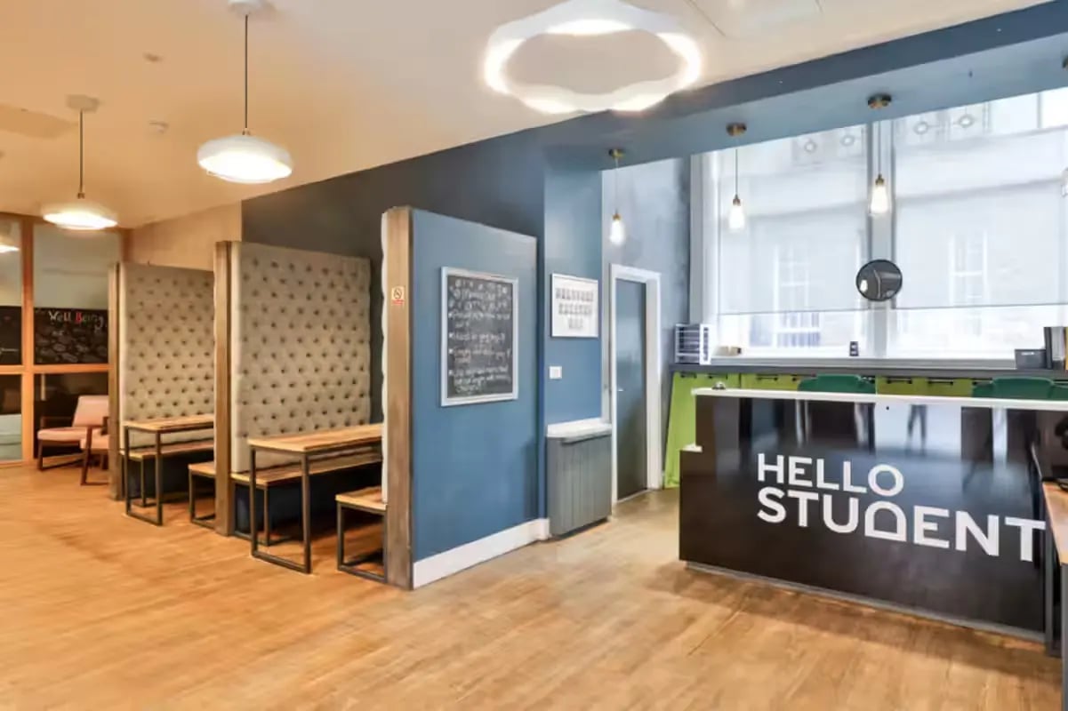 Private booths and reception desk communal area at Art School Lofts in Liverpool Student Accommodation