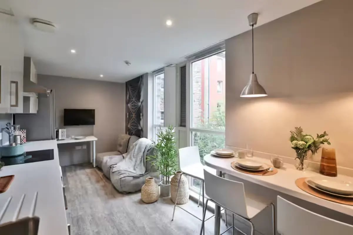 Sofa beanbag TV kitchen counter and dining area living room at Buccleuch Street in Edinburgh Student Accommodation