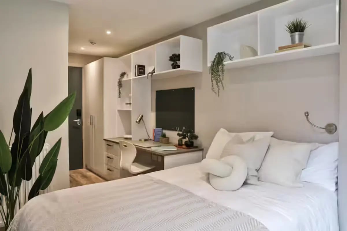 Bed desk and storage unit bedroom at Buccleuch Street in Edinburgh Student Accommodation