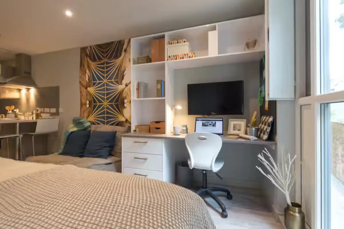 Bed desk chair television and sofa studio apartment at Buccleuch Street in Edinburgh Student Accommodation