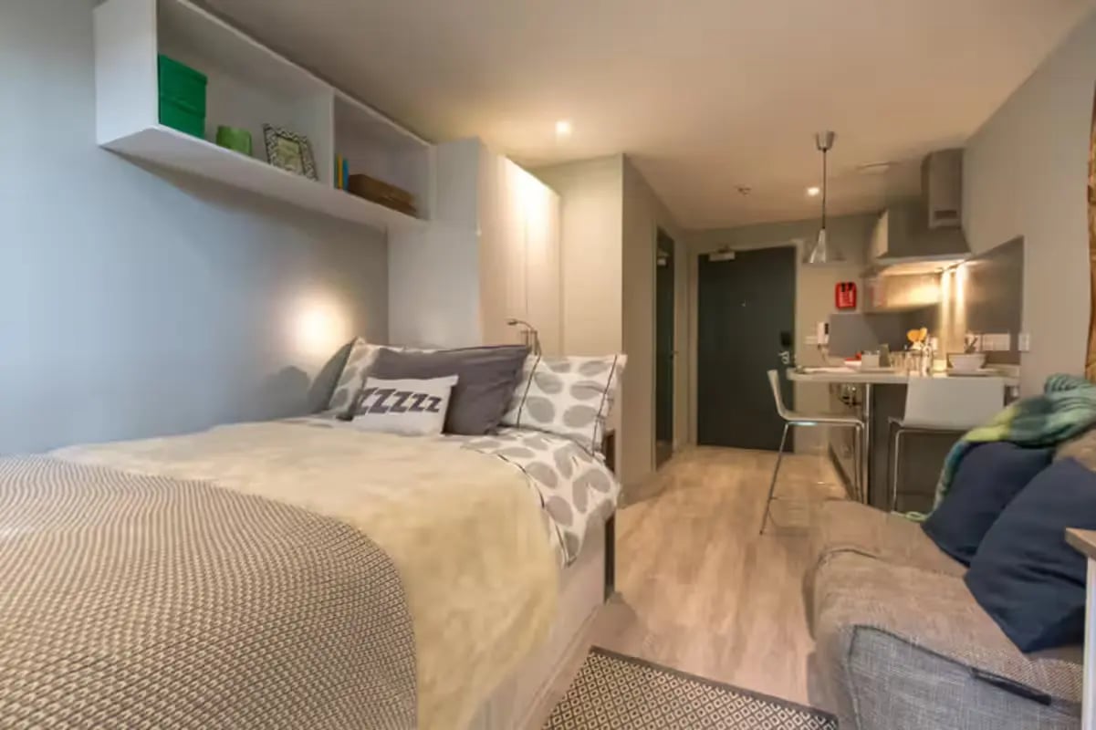 Bed couch kitchenette shelves and cabinets studio apartment at Buccleuch Street in Edinburgh Student Accommodation