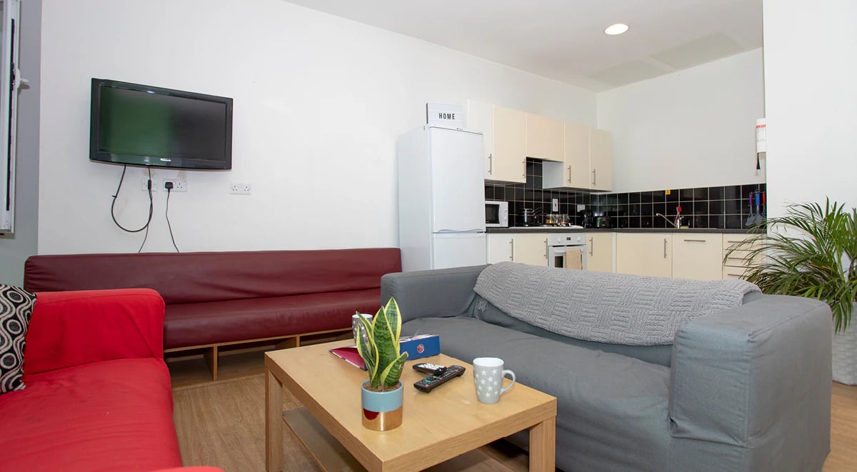 Sofa television kitchen and fridge living room at 200 Cowgate in Edinburgh Student Accommodation