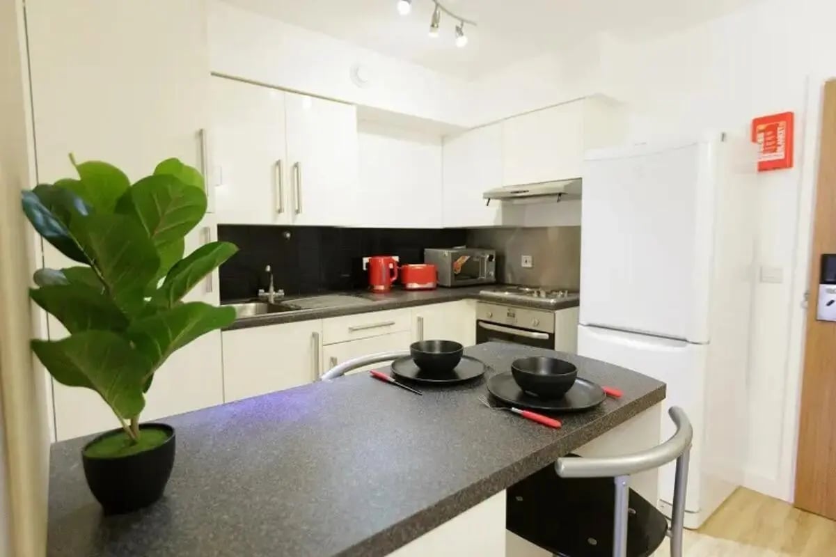 Plant bowls and white cabinets kitchen at AXO Camden in London Student Accommodation