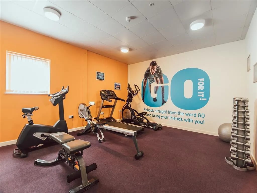Gym equipment with large GO graphic playing area at Lomax Halls in Stoke-On-Trent Student Accommodation