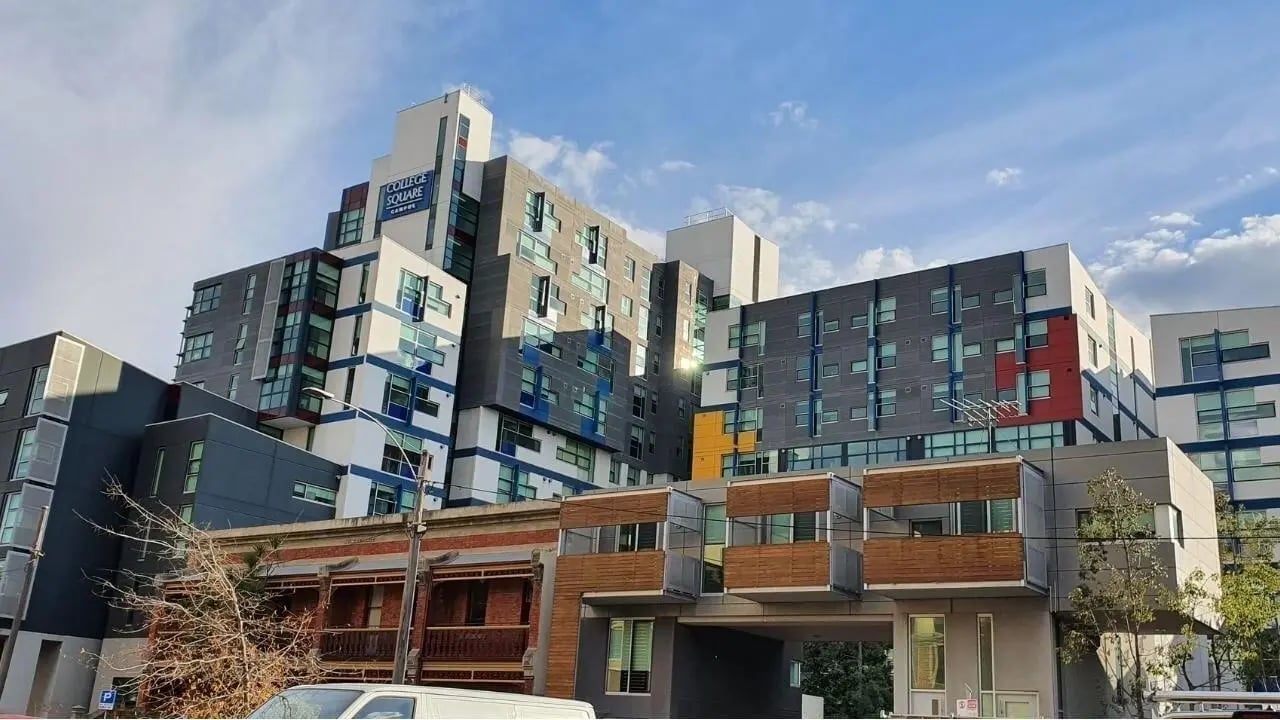 College Square campus building modern exterior exterior at Student Living - 800 Swanston in Melbourne Student Accommodation