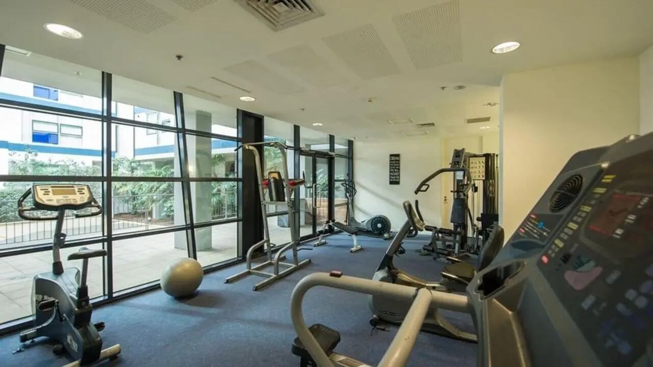 Exercise machines and fitness ball gym area at Student Living - 800 Swanston in Melbourne Student Accommodation