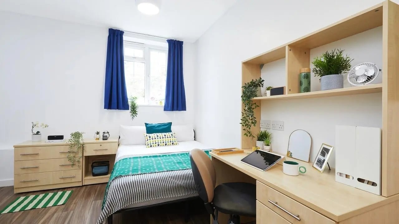 Bed desk chest of drawers plants bedroom at Collegiate Bonhay House in Exeter Student Accommodation