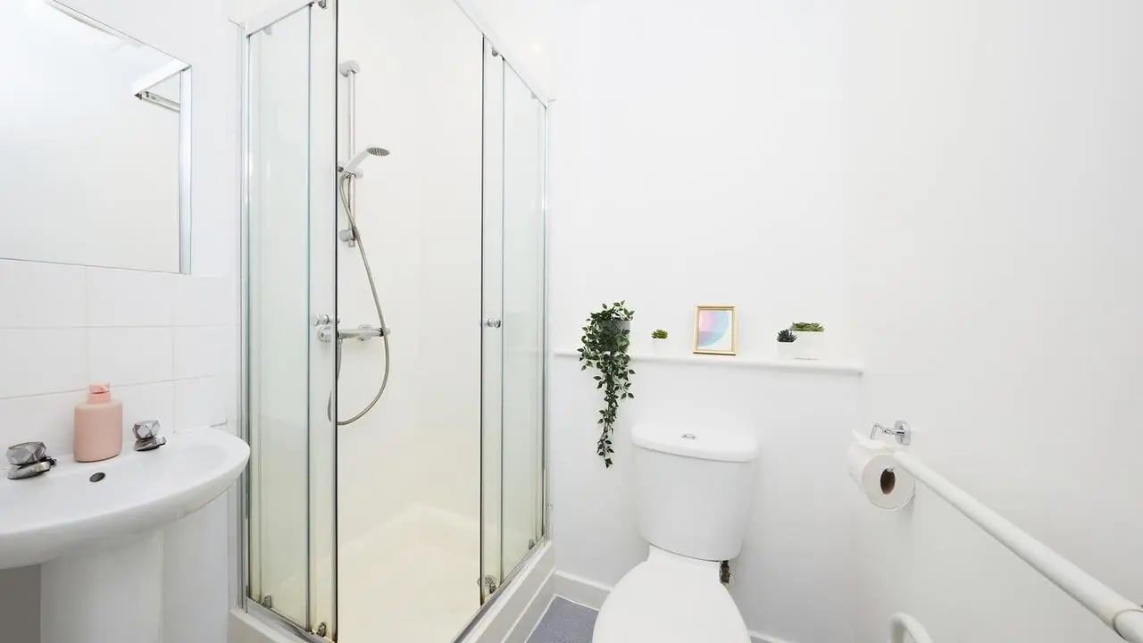 Shower sink toilet plants and frame bathroom at Collegiate Bonhay House in Exeter Student Accommodation