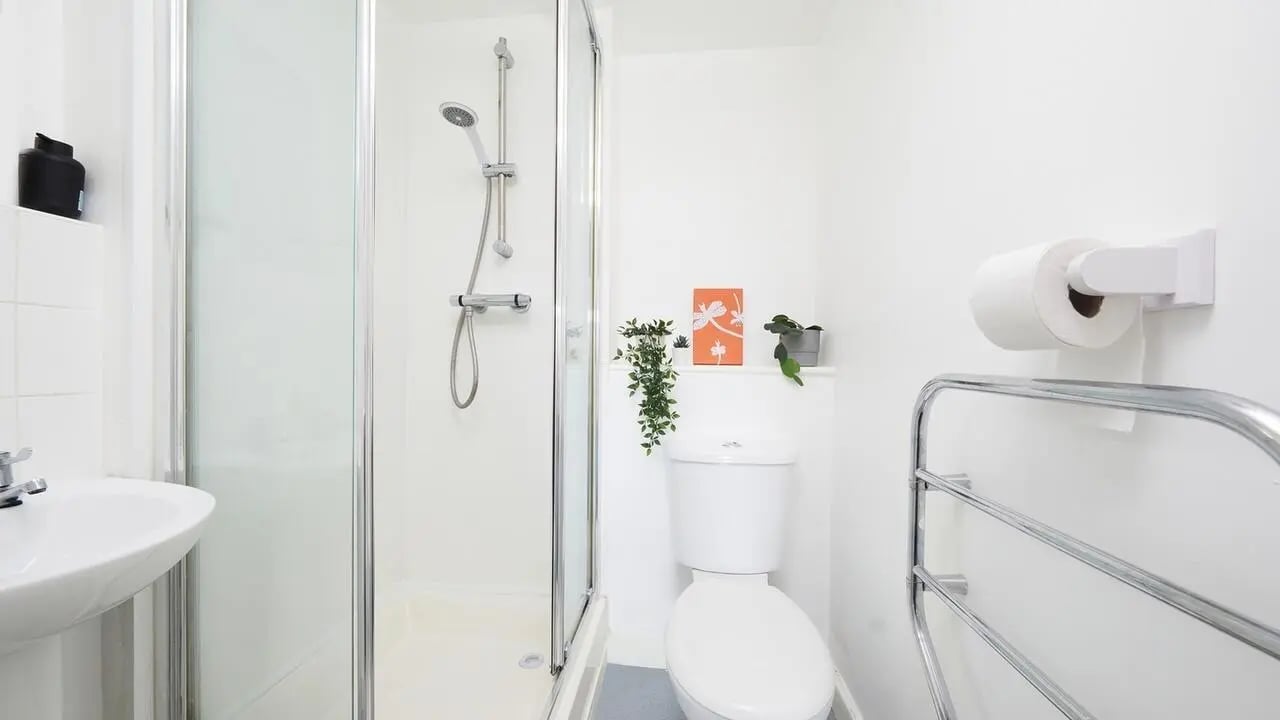 Sink shower toilet plants and towel rail bathroom at Collegiate Bonhay House in Exeter Student Accommodation