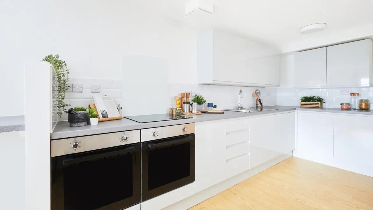 Two ovens plant and cookware Kitchen at Collegiate Bonhay House in Exeter Student Accommodation