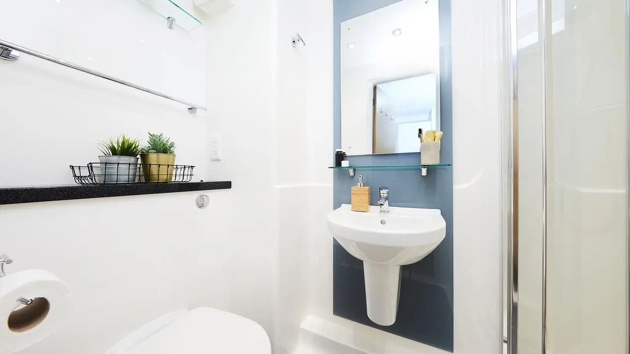 Sink toilet plants and shower enclosure bathroom at Collegiate Merlin Heights in Leicester Student Accommodation