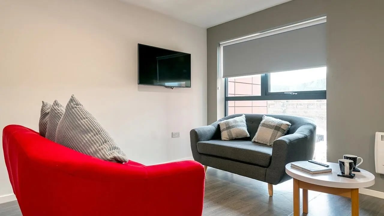 Red sofa grey sofa TV window living room at Collegiate Merlin Heights in Leicester Student Accommodation