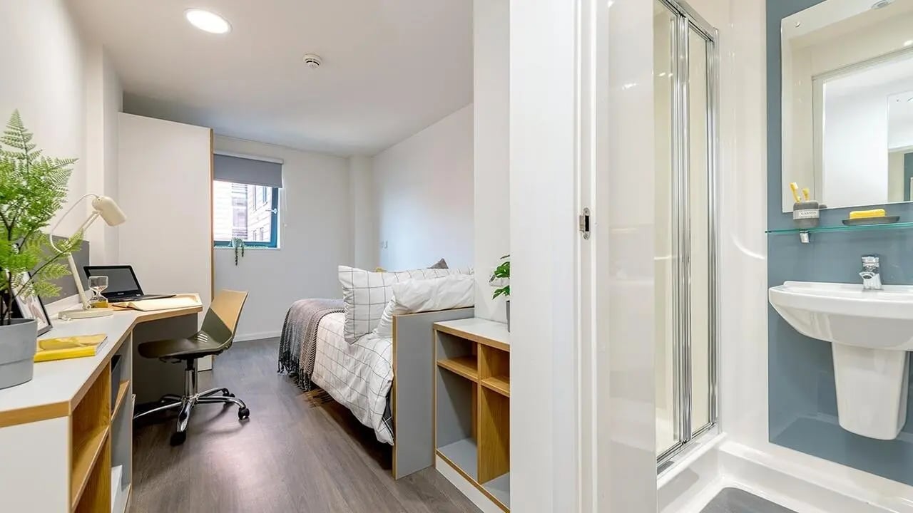 Desk bed plant and shower bathroom bedroom at Collegiate Merlin Heights in Leicester Student Accommodation