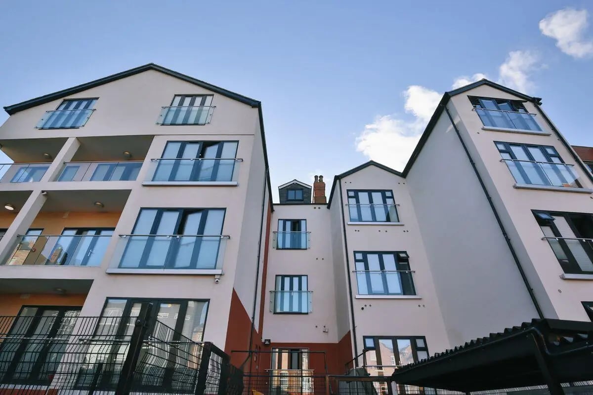 Modern apartment building with glass balconies exterior at 134 New Walk Leicester in Leicester Student Accommodation
