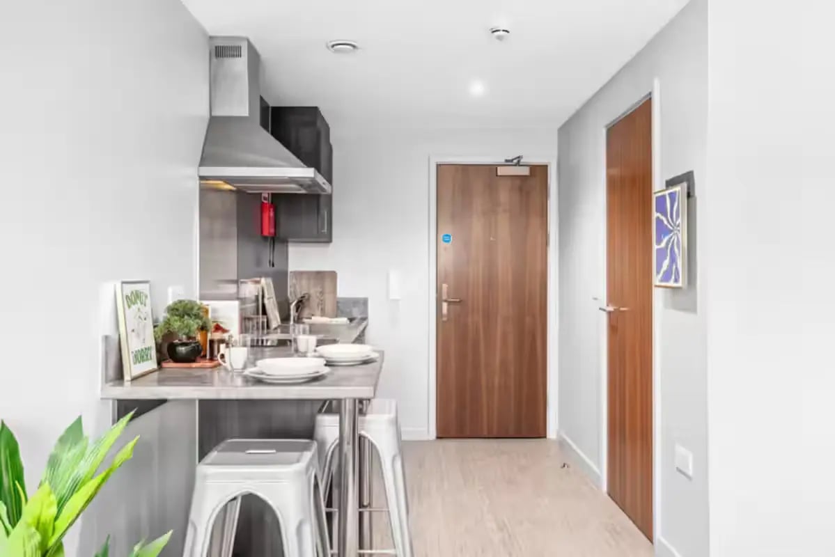 Counter with stools, doors, plant kitchen at Windsor House in Cardiff Student Accommodation