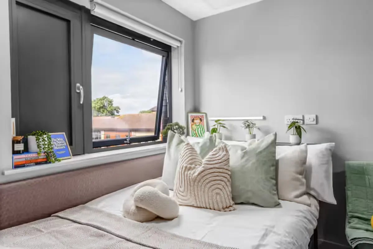 Bed pillows books plants framed art bedroom at Windsor House in Cardiff Student Accommodation