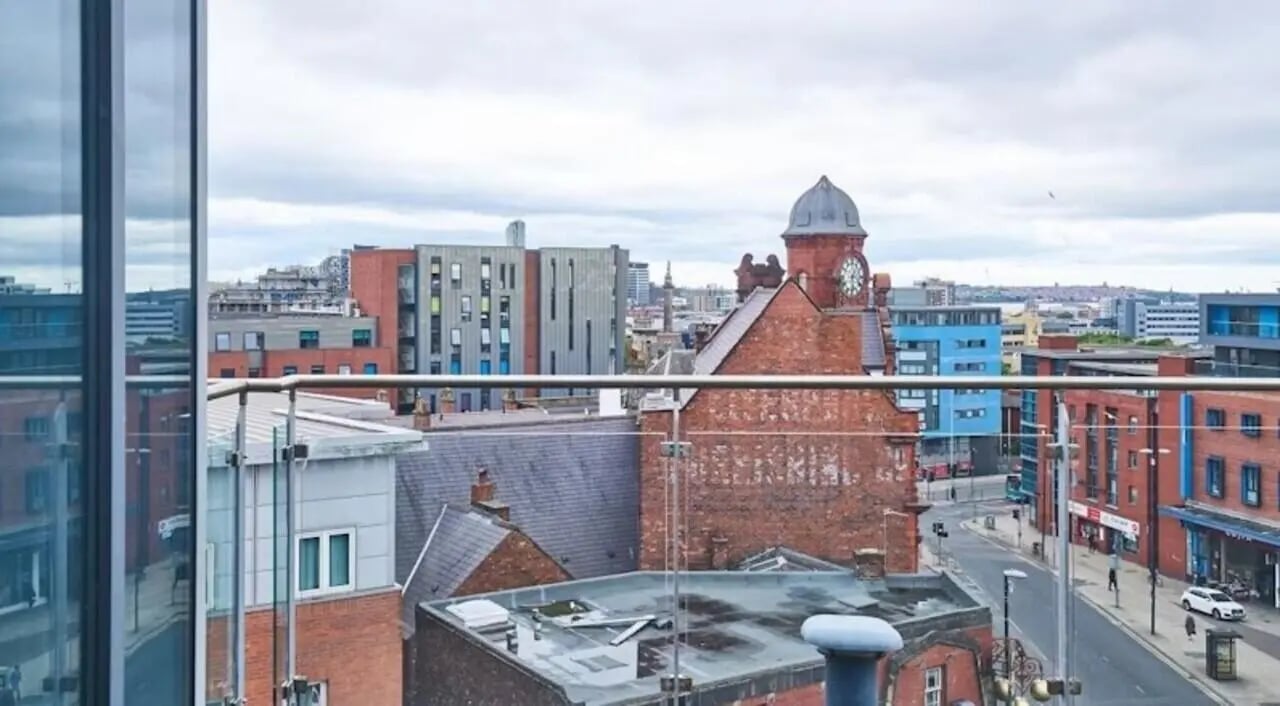 City buildings from balcony exterior at Windsor Court in Liverpool Student Accommodation