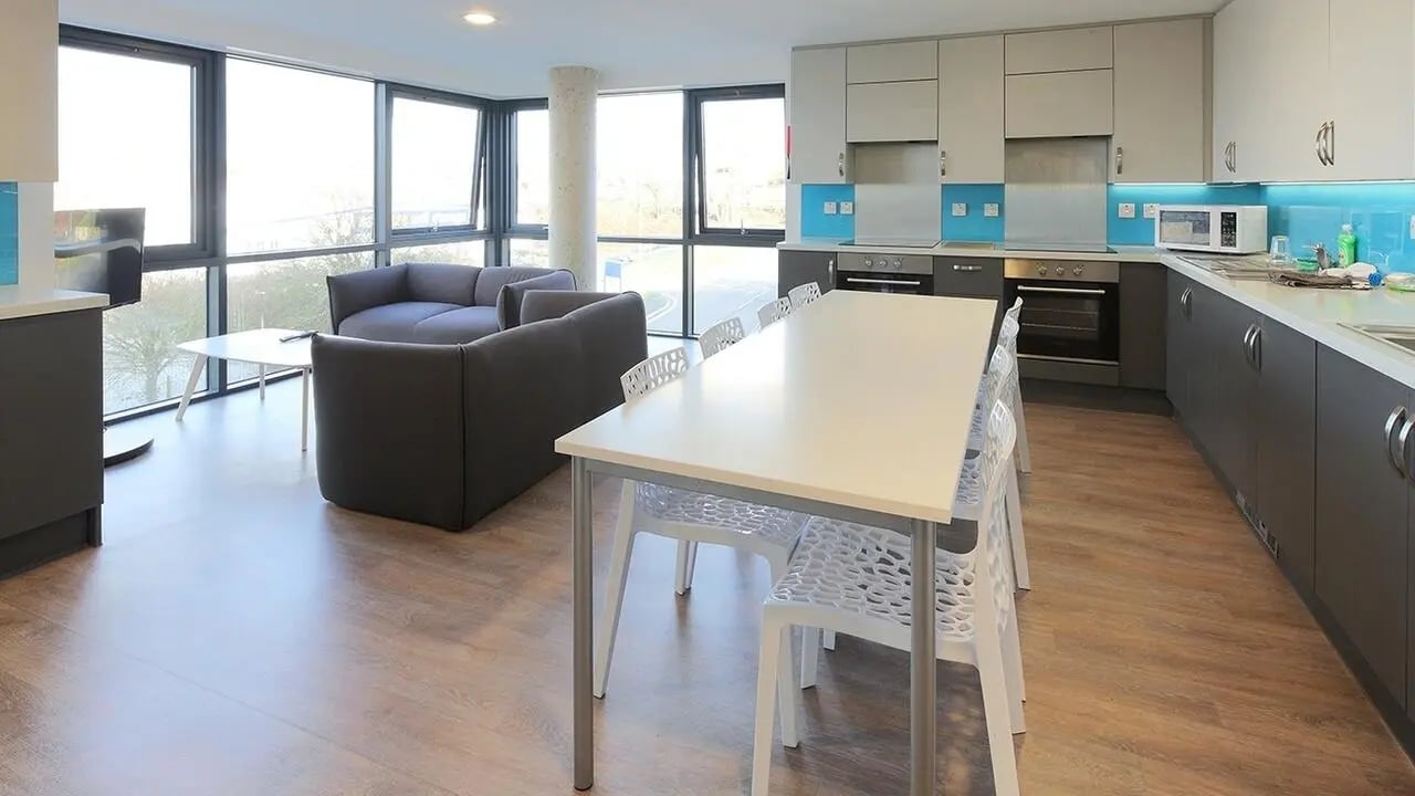 Sofa dining table chairs and kitchen living room at Collegiate Riverside Way Winchester in Winchester Student Accommodation