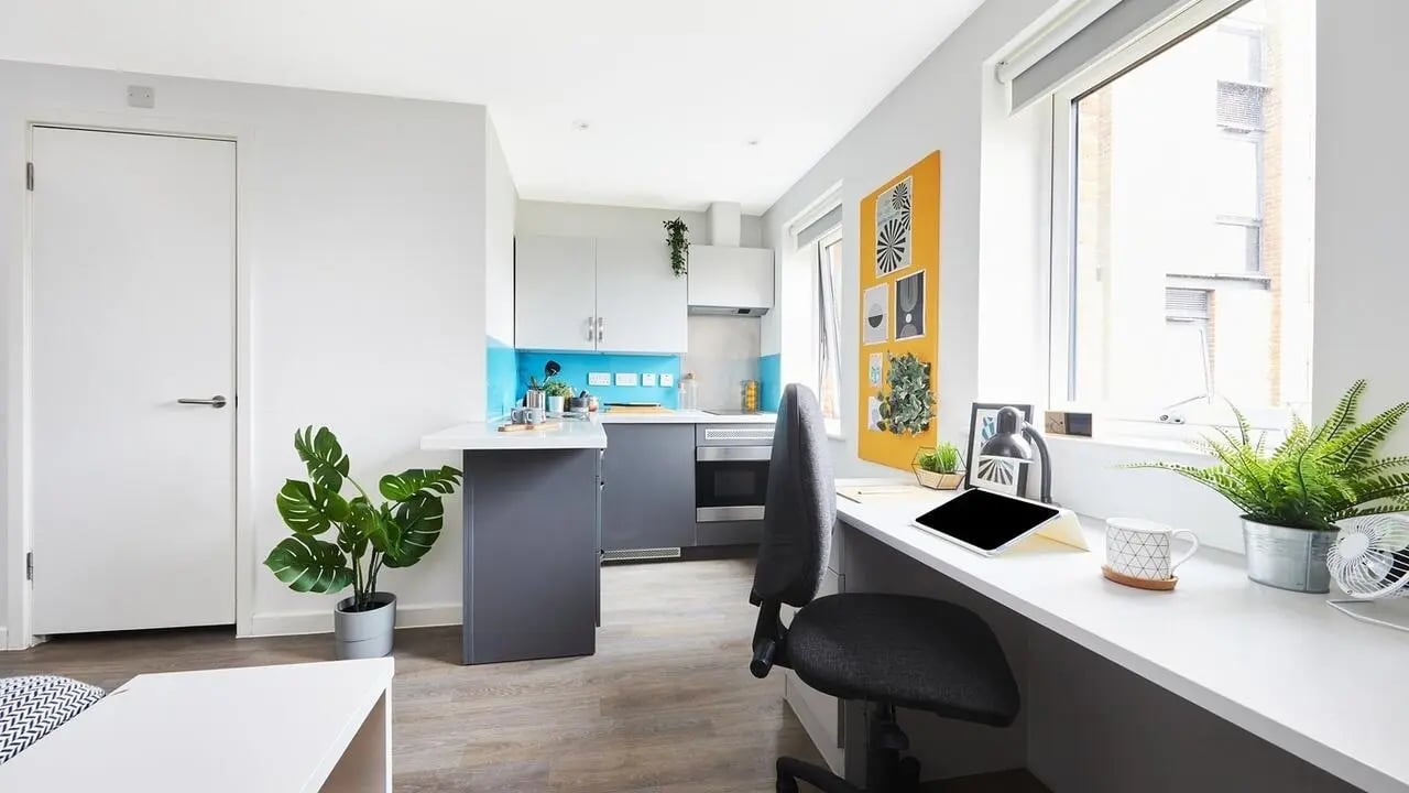 Kitchen and study area with desk plants at Collegiate Riverside Way Winchester in Winchester Student Accommodation