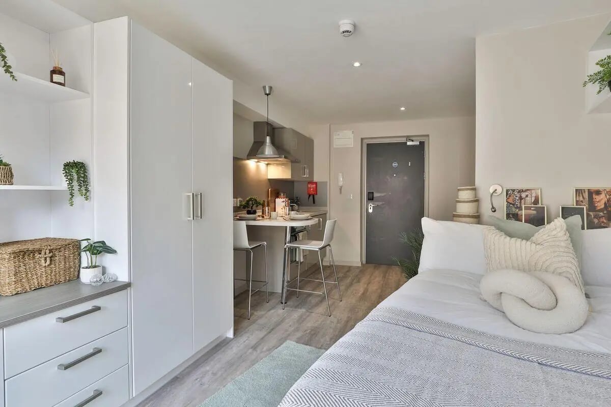 Bed kitchen and wardrobe student accommodation studio at Trippet Lane in Sheffield Student Accommodation