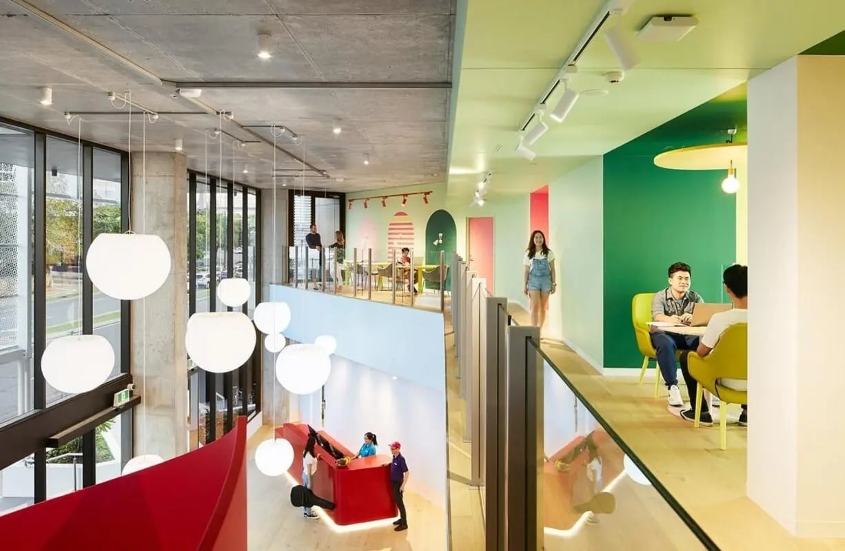 Modern common area with students and seating Living room at Scape Toowong in Brisbane Student Accommodation