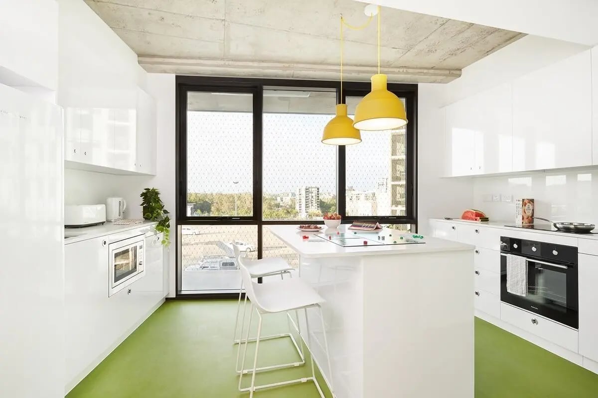 White island white cabinets oven microwave kitchen at Scape Toowong in Brisbane Student Accommodation